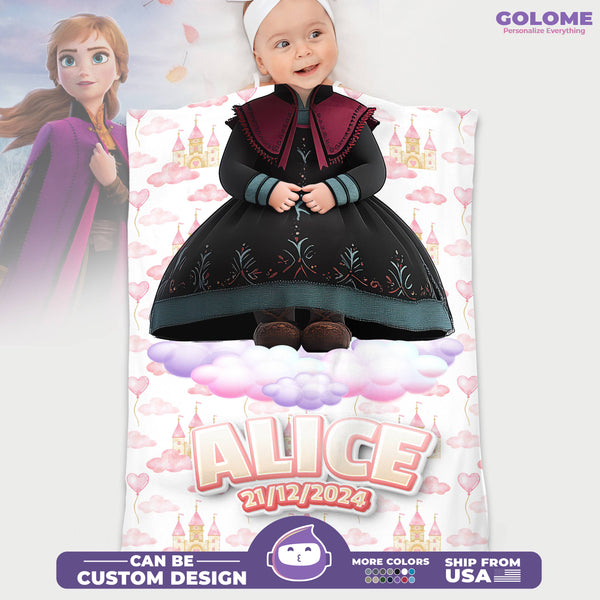 Personalized Fleece Baby Blanket – Princess Anna Style | Custom Name & Birthday Fairytale Background